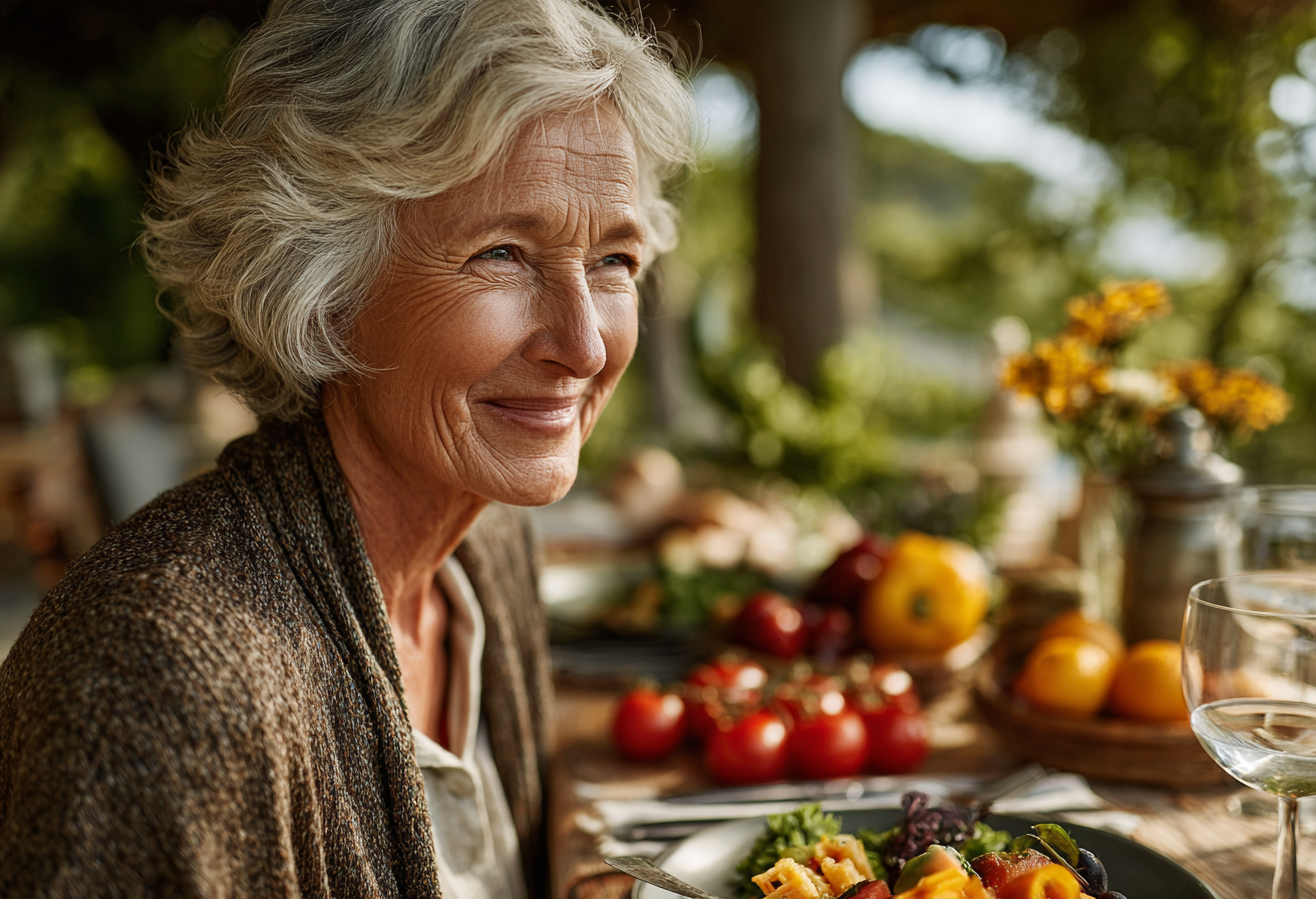Adultos mayores disfrutando de una comida saludable