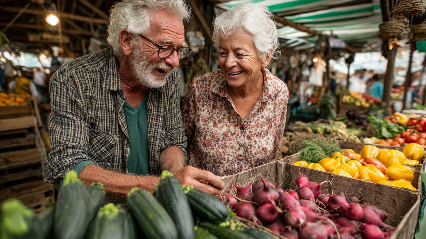 Pareja de adultos mayores cocinando juntos